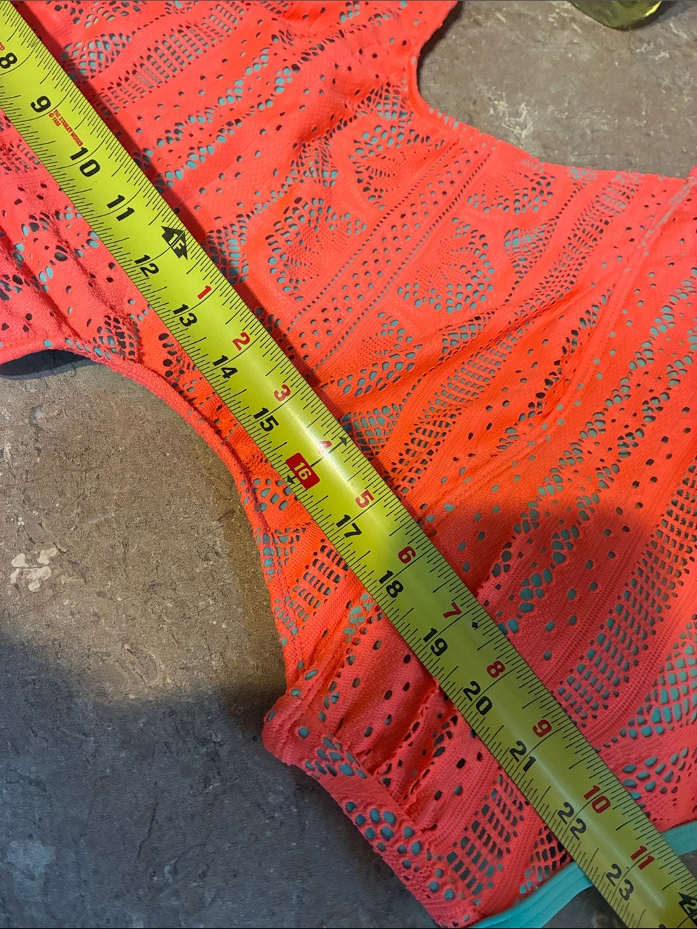 No Boundaries Size 11/13 Neon Coral Crochet One-Piece Swimsuit with Mint Trim - Picture 14 of 15